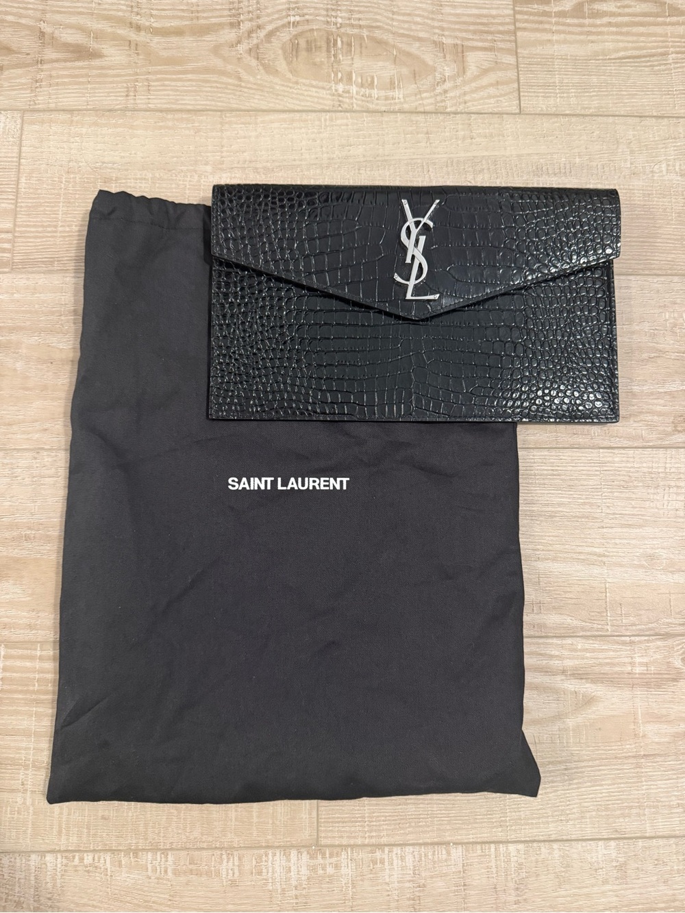 Saint Laurent Black Croc-Embossed YSL Envelope Clutch with Silver Logo - Picture 4 of 5